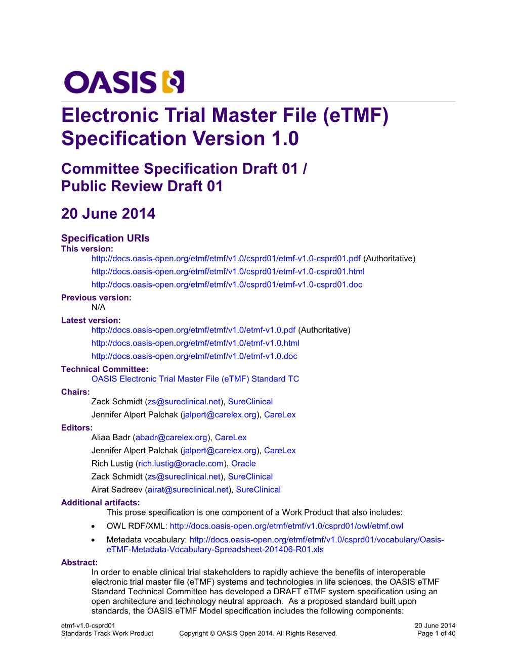 Electronic Trial Master File (Etmf) Specification Version 1.0