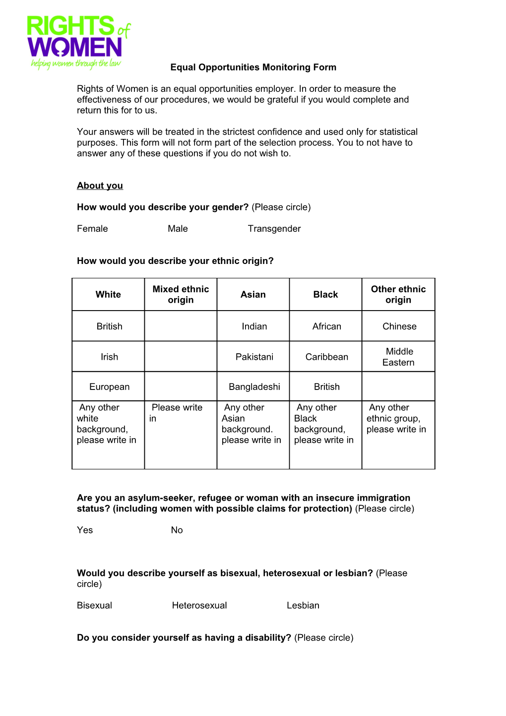 Equal Opportunities Monitoring