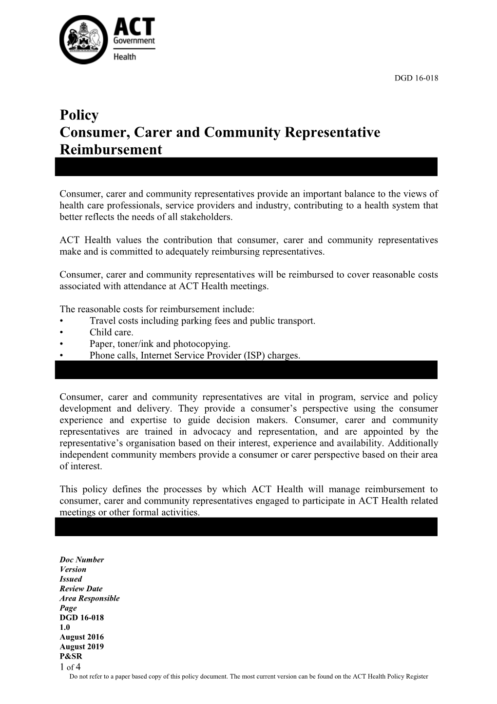 Consumer, Carer and Community Representative Reimbursement Policy