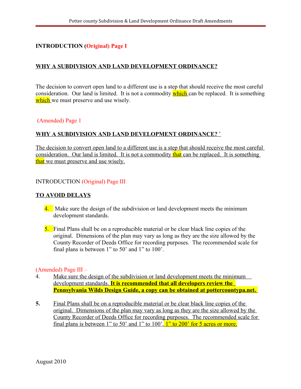 Potter County Subdivision & Land Development Ordinance Draft Amendments