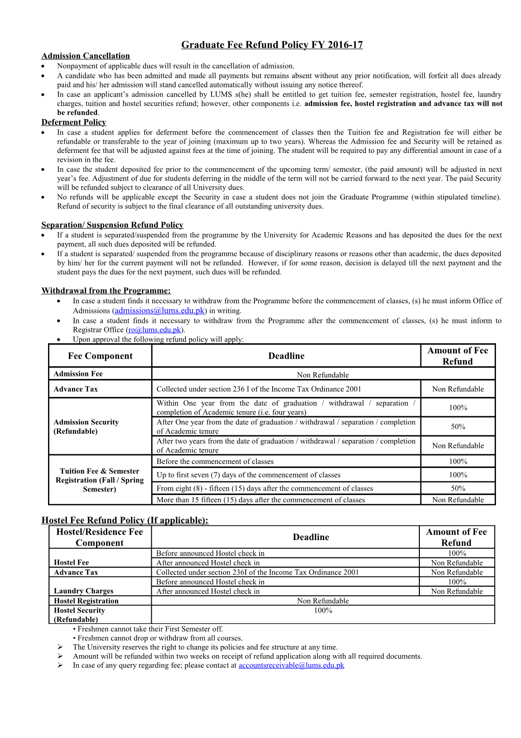 Graduate Fee Refund Policy FY 2016-17