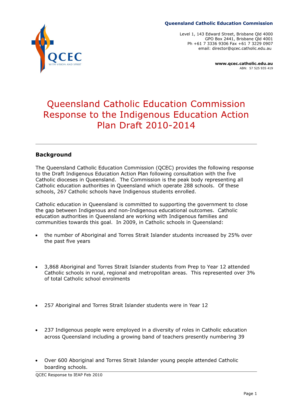 Queensland Catholic Education Commission Response to the Indigenous Education Action Plan
