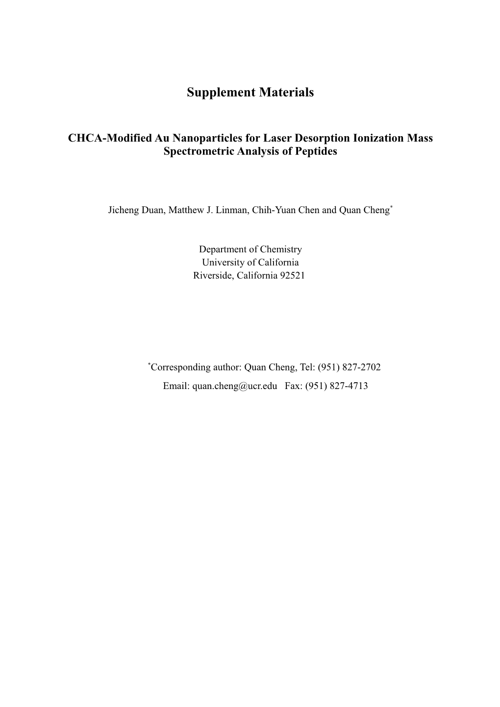 CHCA-Modified Au Nanoparticles for Laser Desorption Ionization Mass Spectrometric Analysis