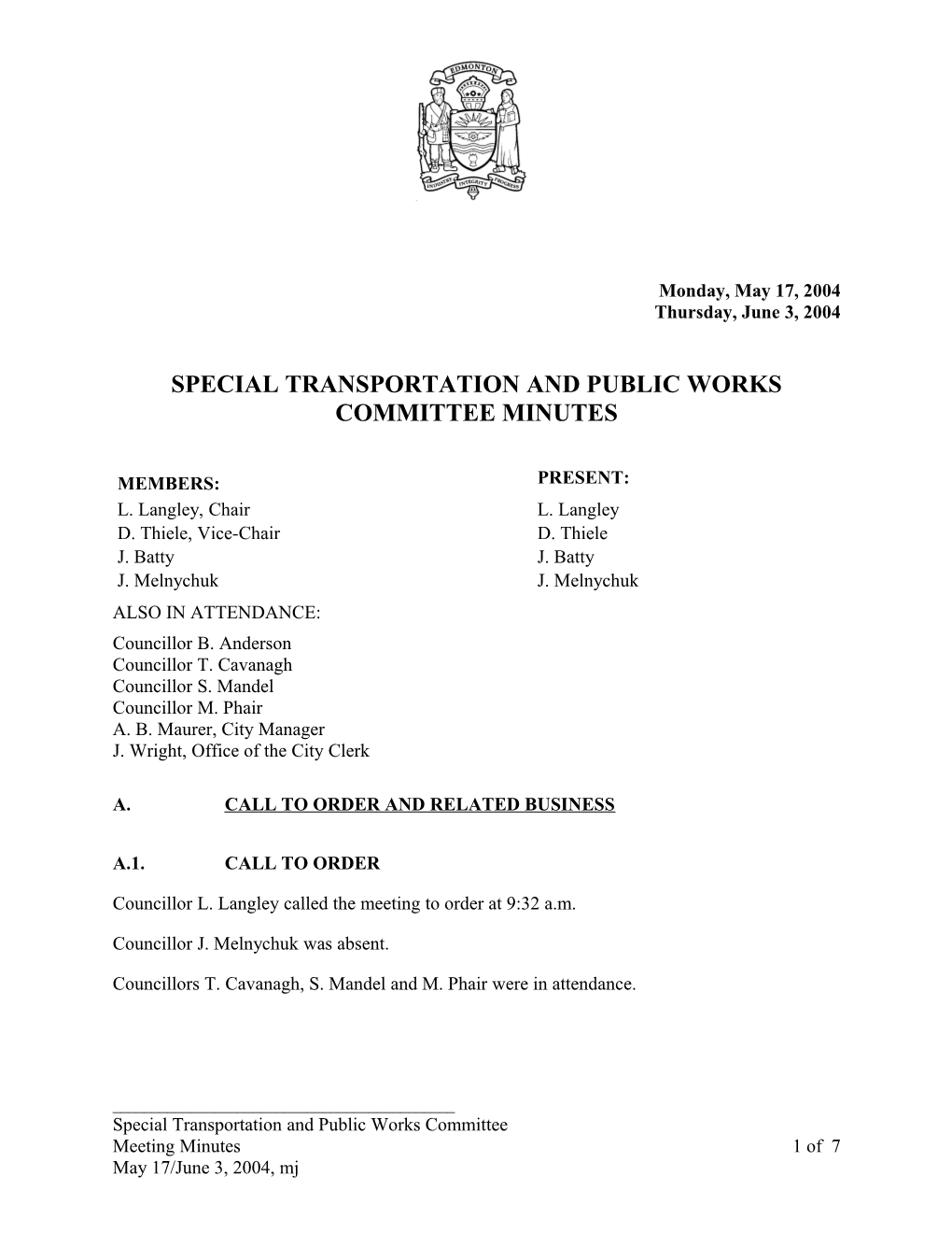 Minutes for Transportation and Public Works Committee May 17, 2004 Meeting
