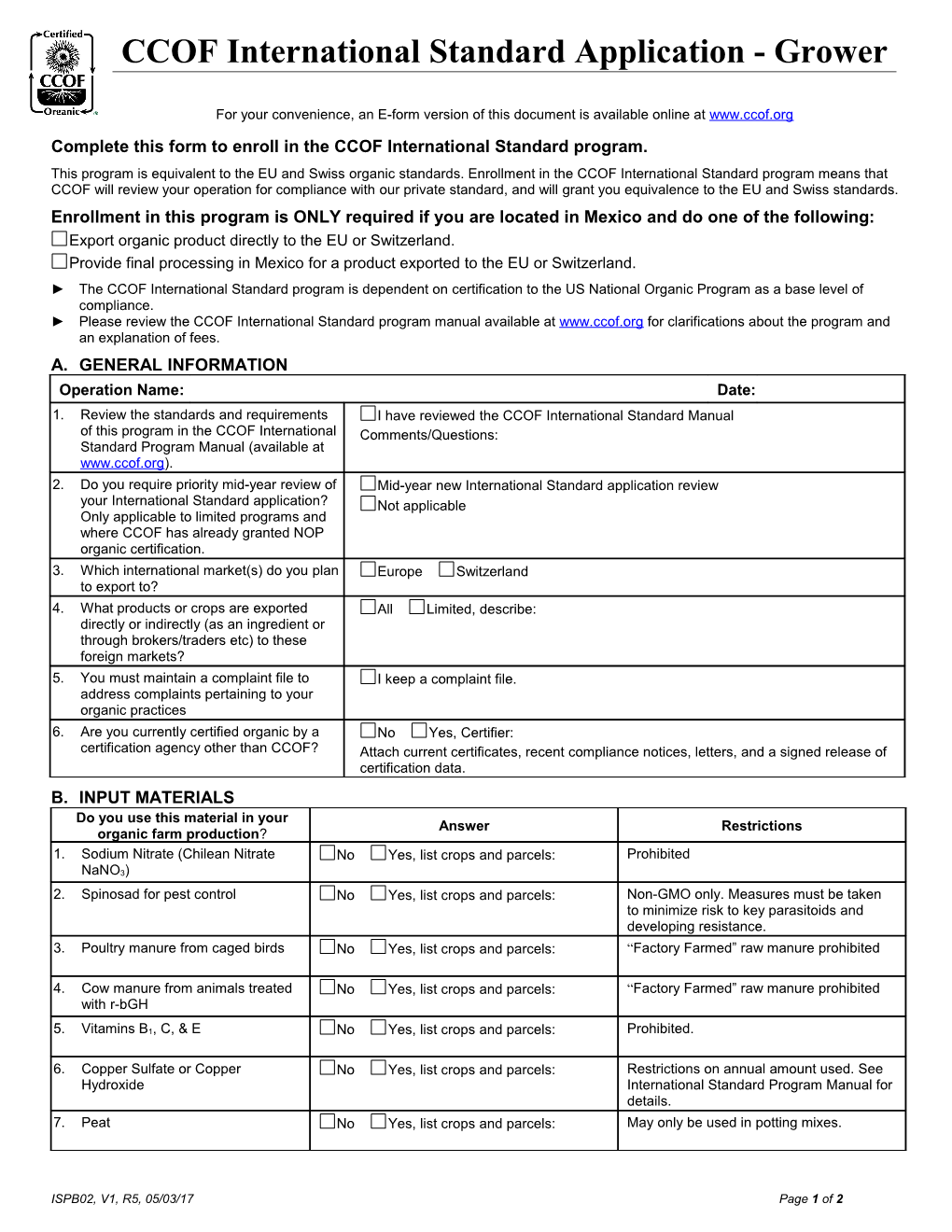 Complete This Form to Enroll in the CCOF International Standard Program