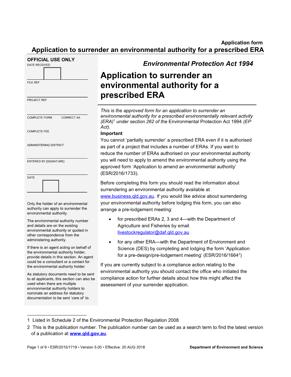 Application to Surrender an Environmental Authority for a Prescribed ERA