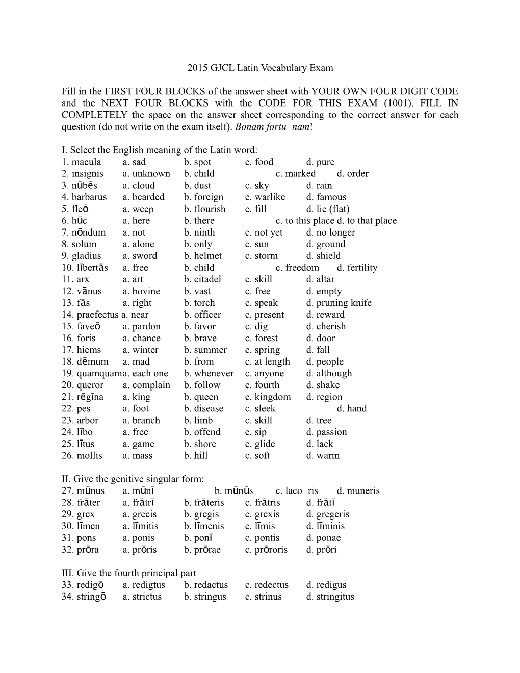 2015 GJCL Latin Vocabulary Exam