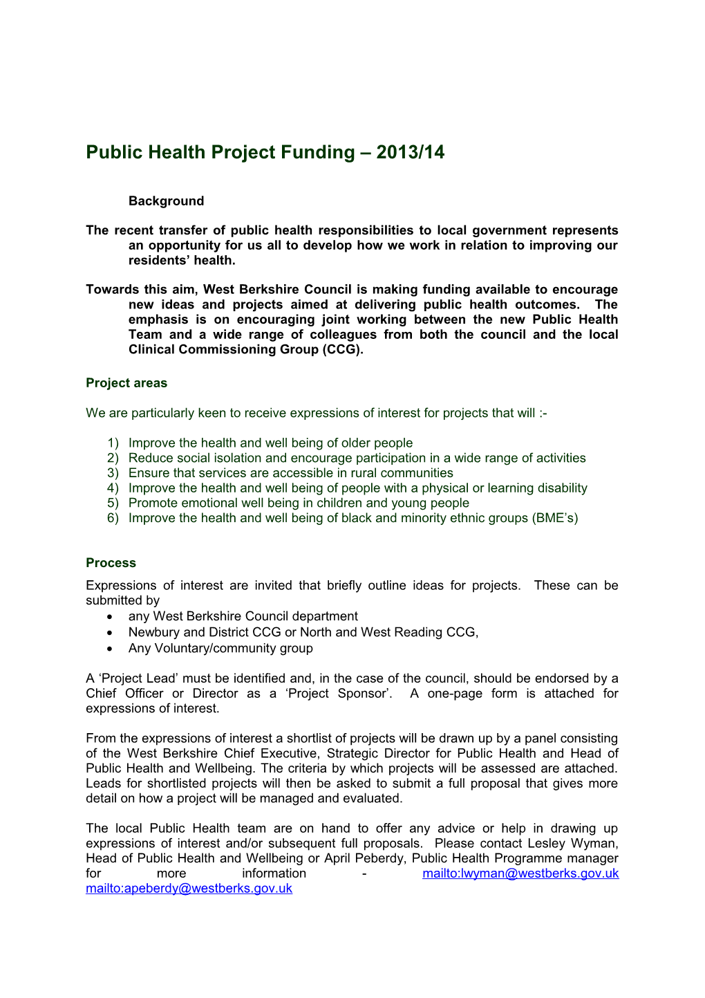Public Health Project Grants 2013/14