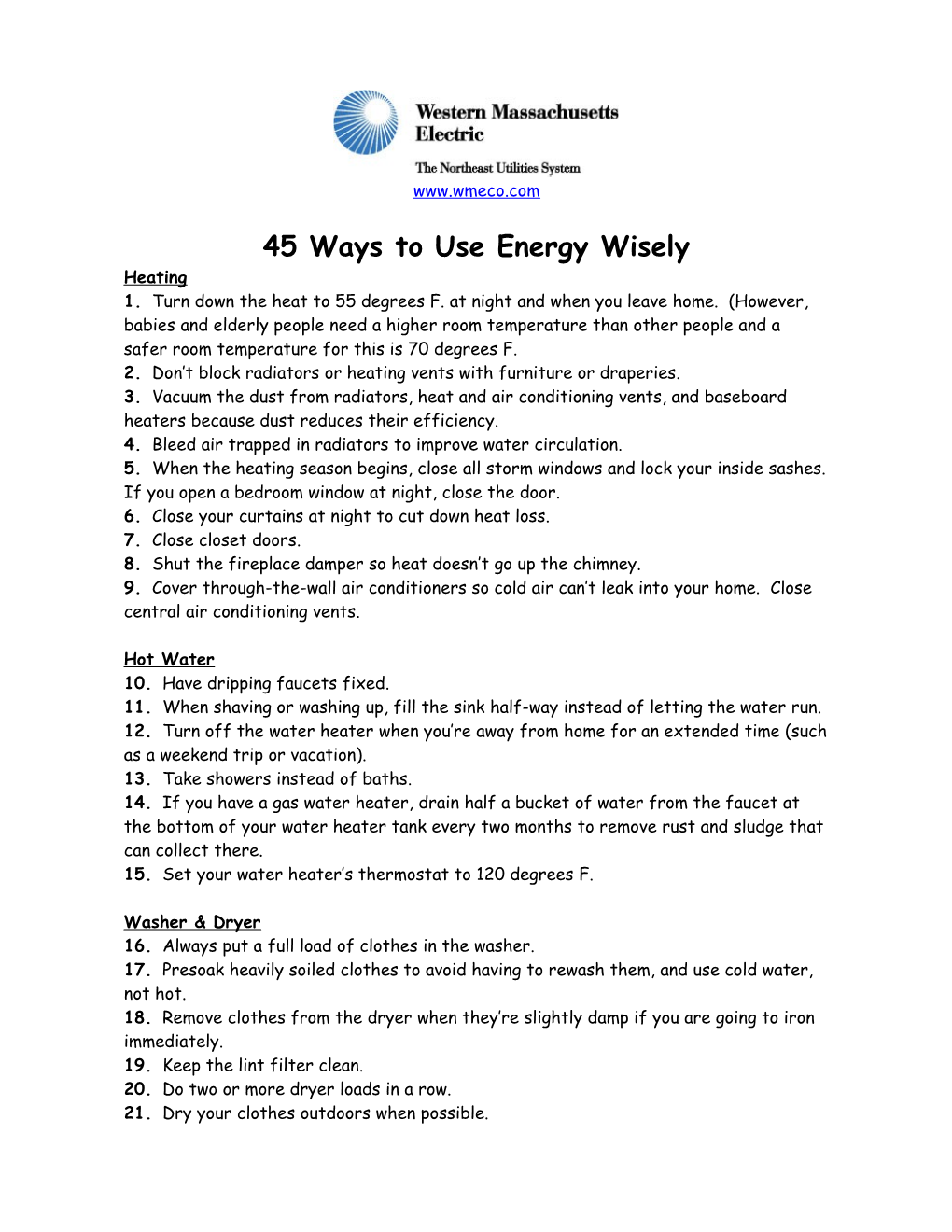45 Ways to Use Energy Wisely