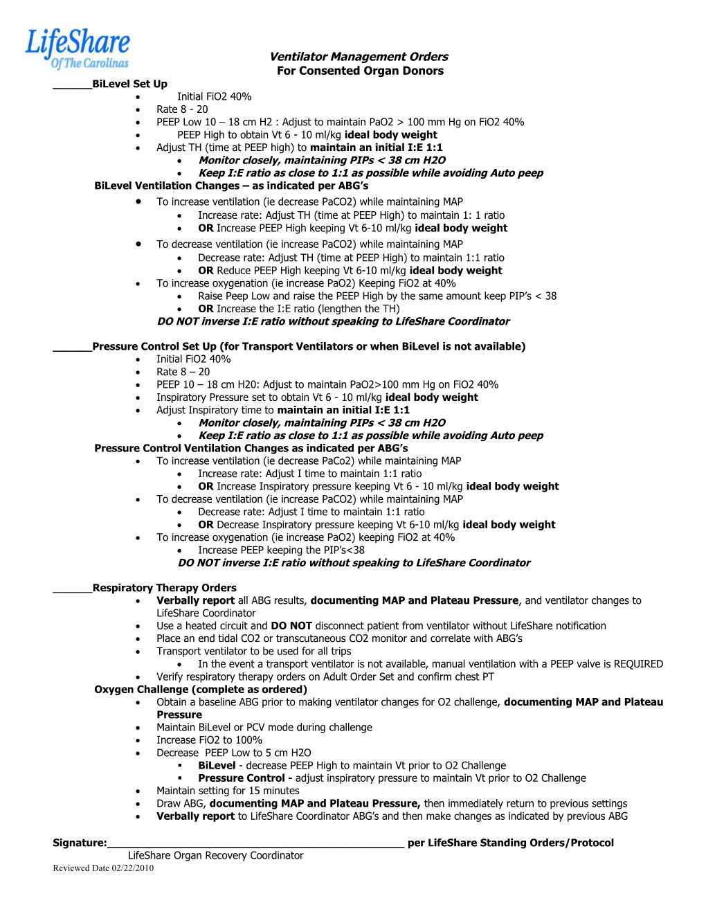 Ventilator Management Orders