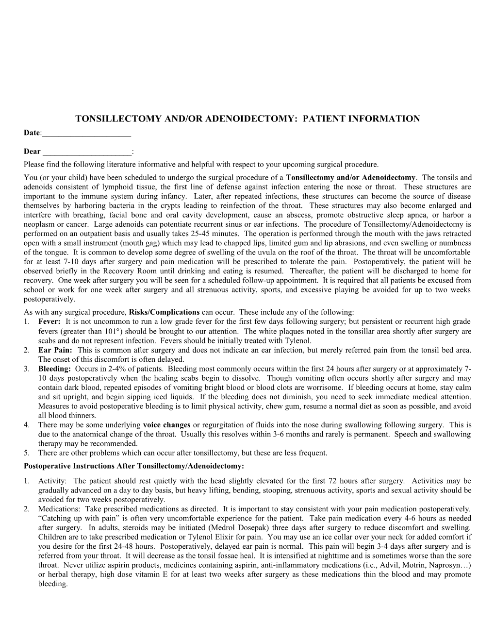 Tonsillectomy And/Or Adenoidectomy: Patient Information