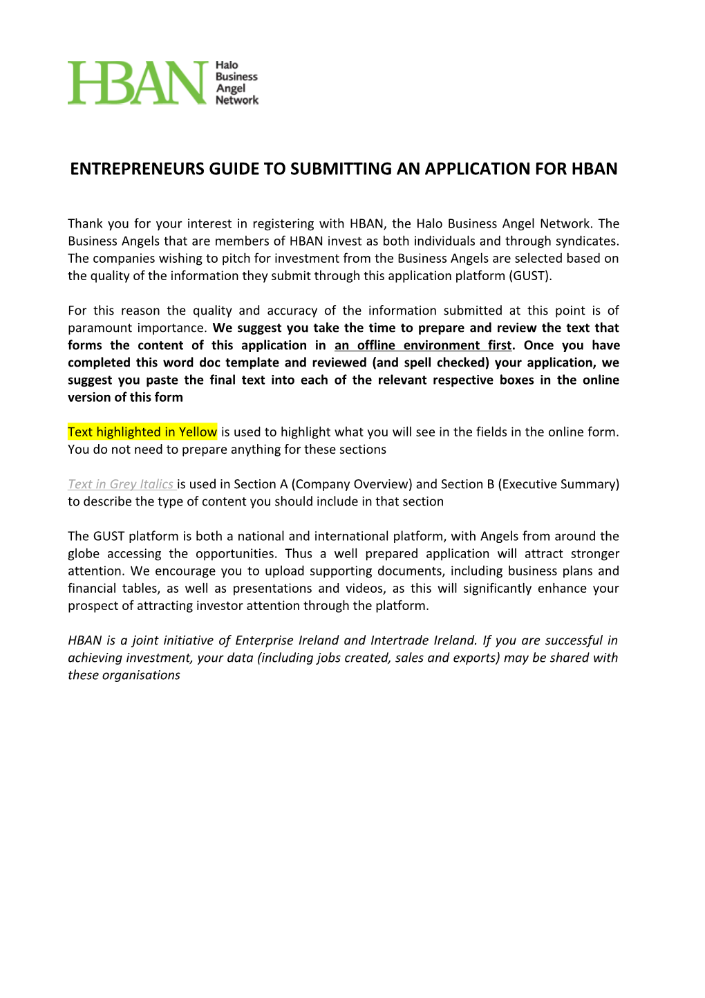 Entrepreneurs Guide to Submitting an Application for Hban