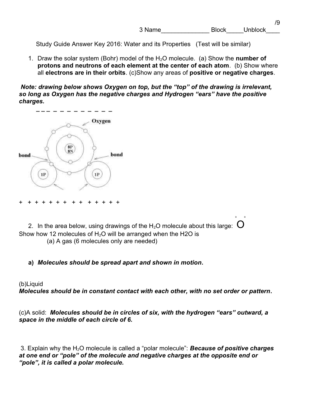 Study Guide Answer Key 2016: Water and Its Properties (Test Will Be Similar)