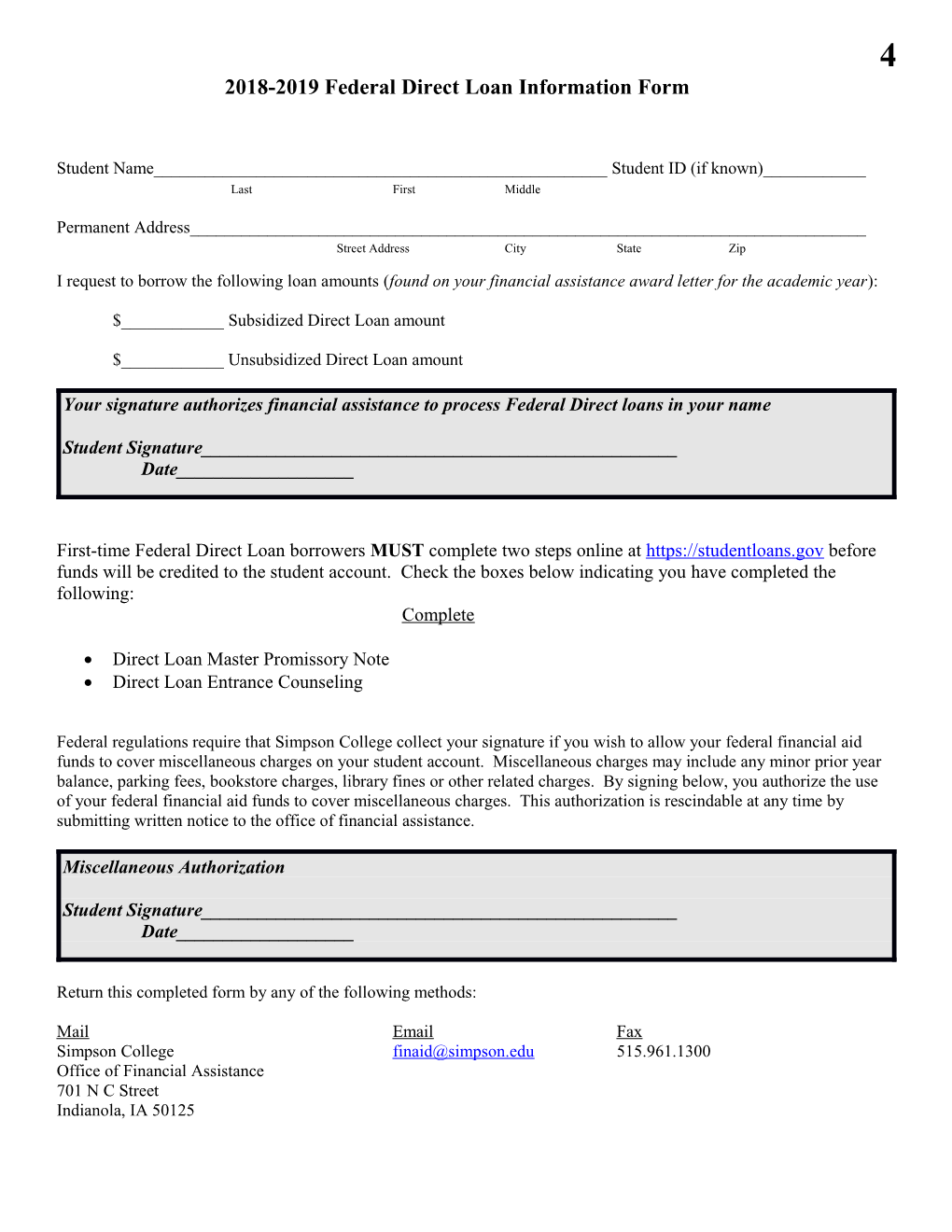 2018-2019 Federal Direct Loan Information Form