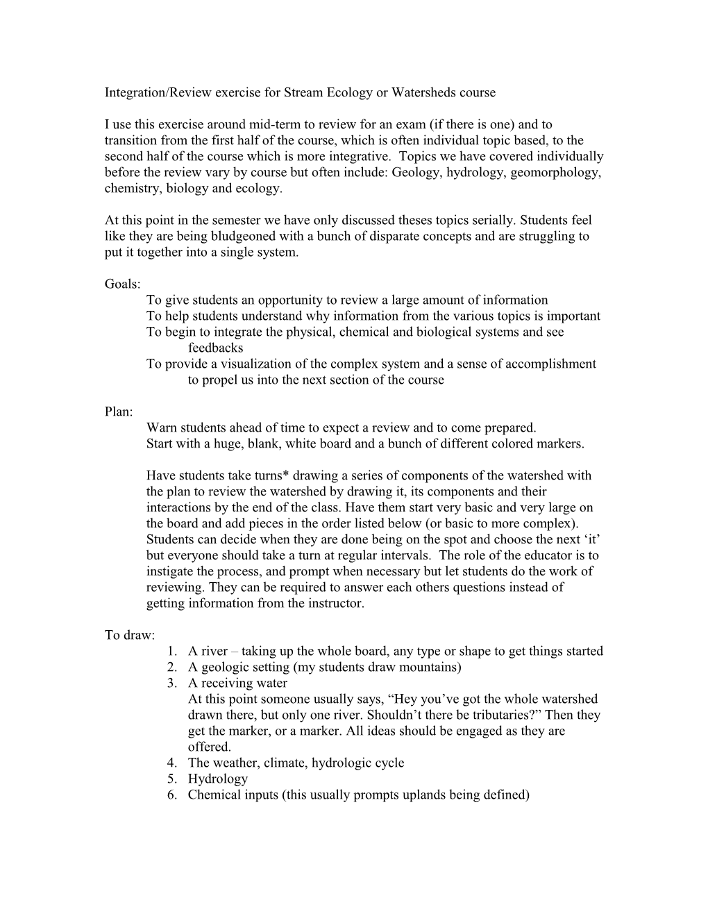 Integration/Review Exercise for Stream Ecology Or Watersheds Course