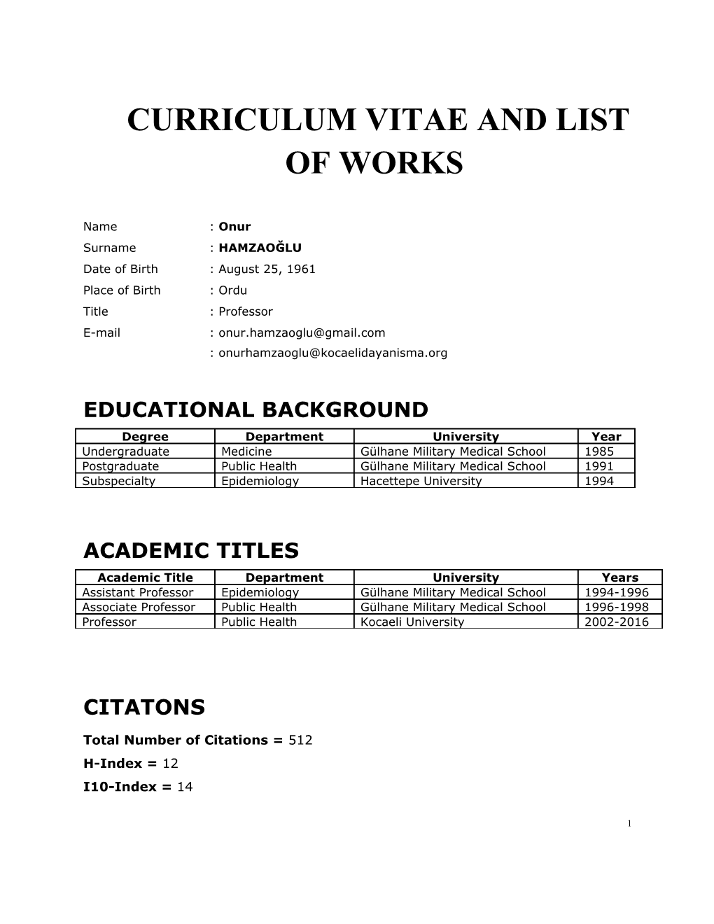 Curriculum Vitae and List of Works
