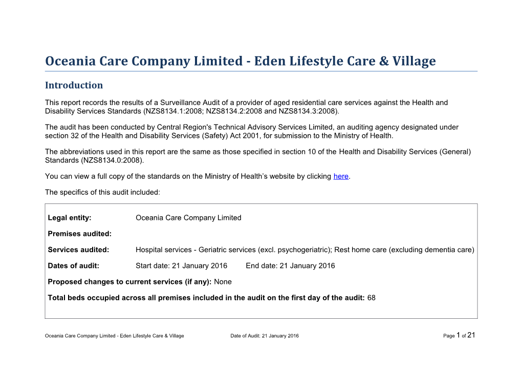 Oceania Care Company Limited - Eden Lifestyle Care & Village