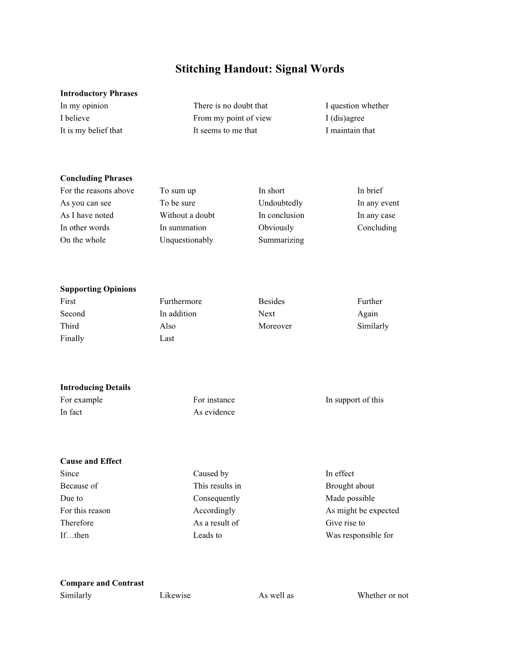 Stitching Handout: Signal Words