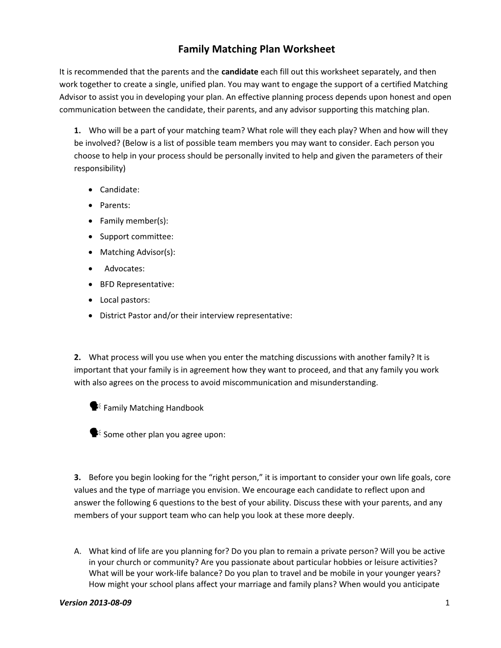 Family Matching Plan Worksheet