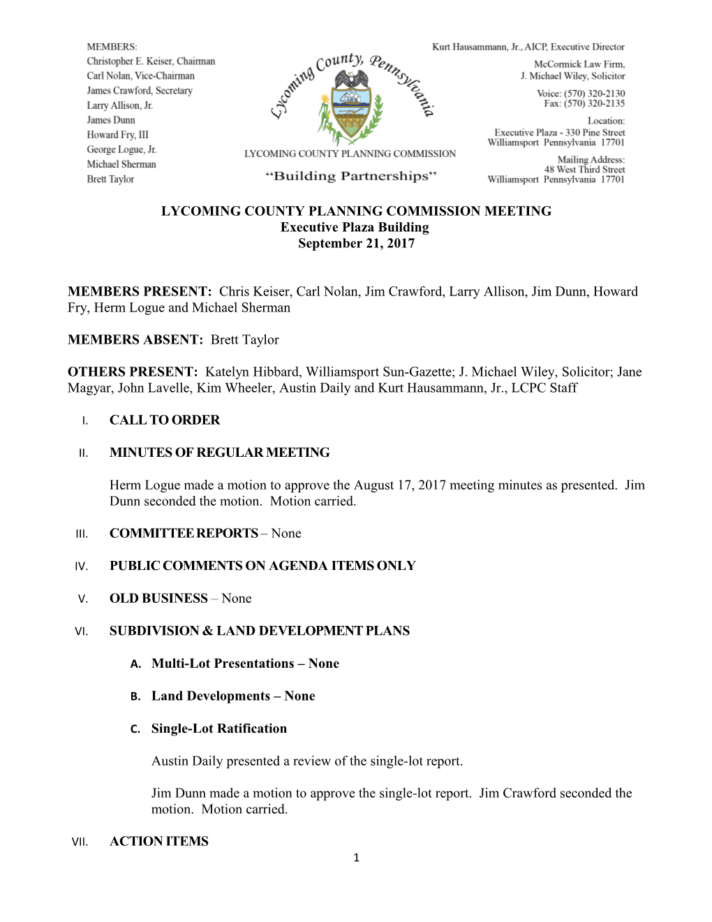 Lycoming County Planning Commission Meeting