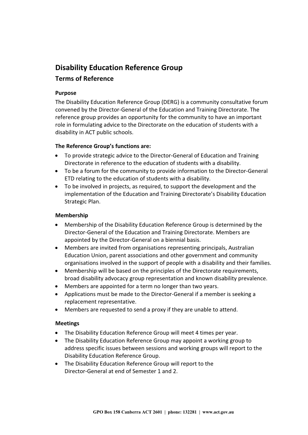 Disability Education Reference Group - Terms of Reference