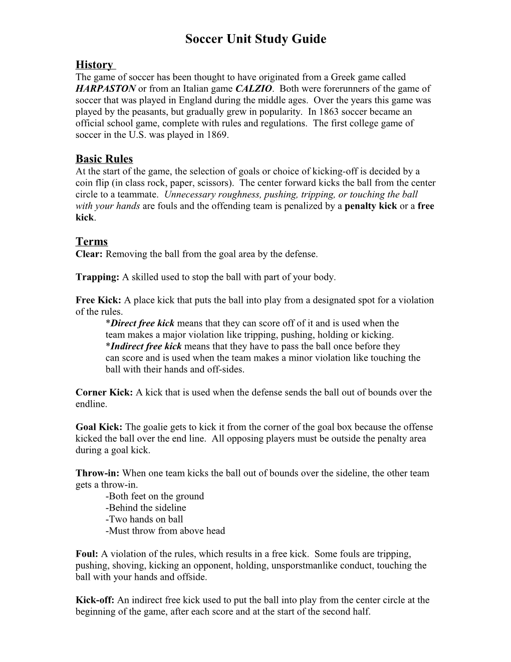 Soccer Unit Study Guide