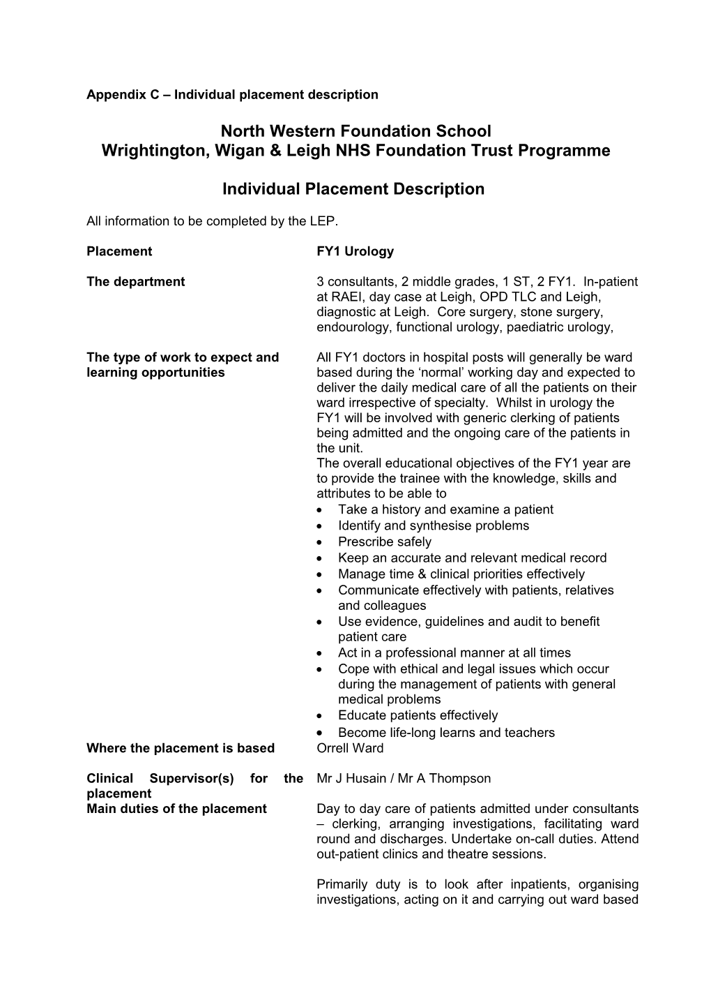 Appendix C Individual Placement Description