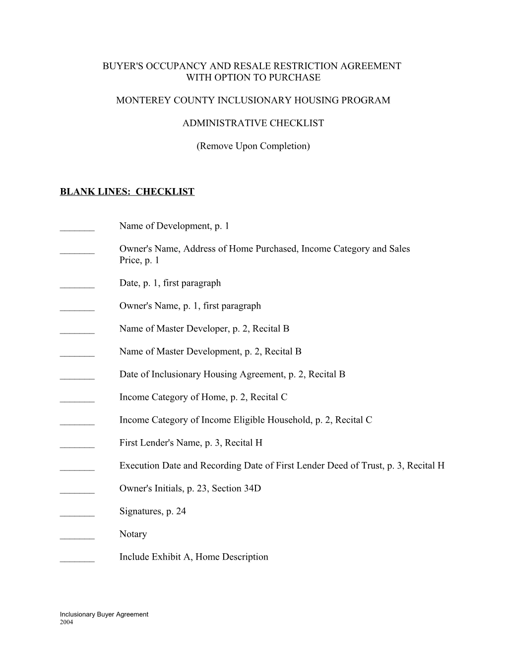 Buyer's Resale Agreement and Option to Purchase - Monterey County Inclusionary Housing Program