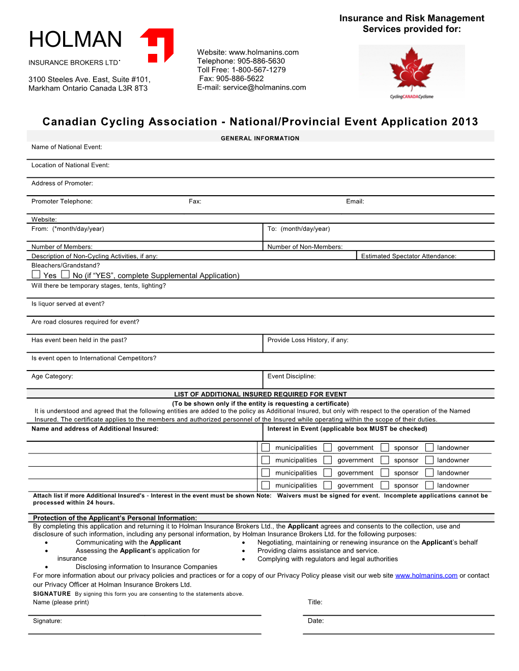 Canadian Cycling Association - National/Provincial Event Application