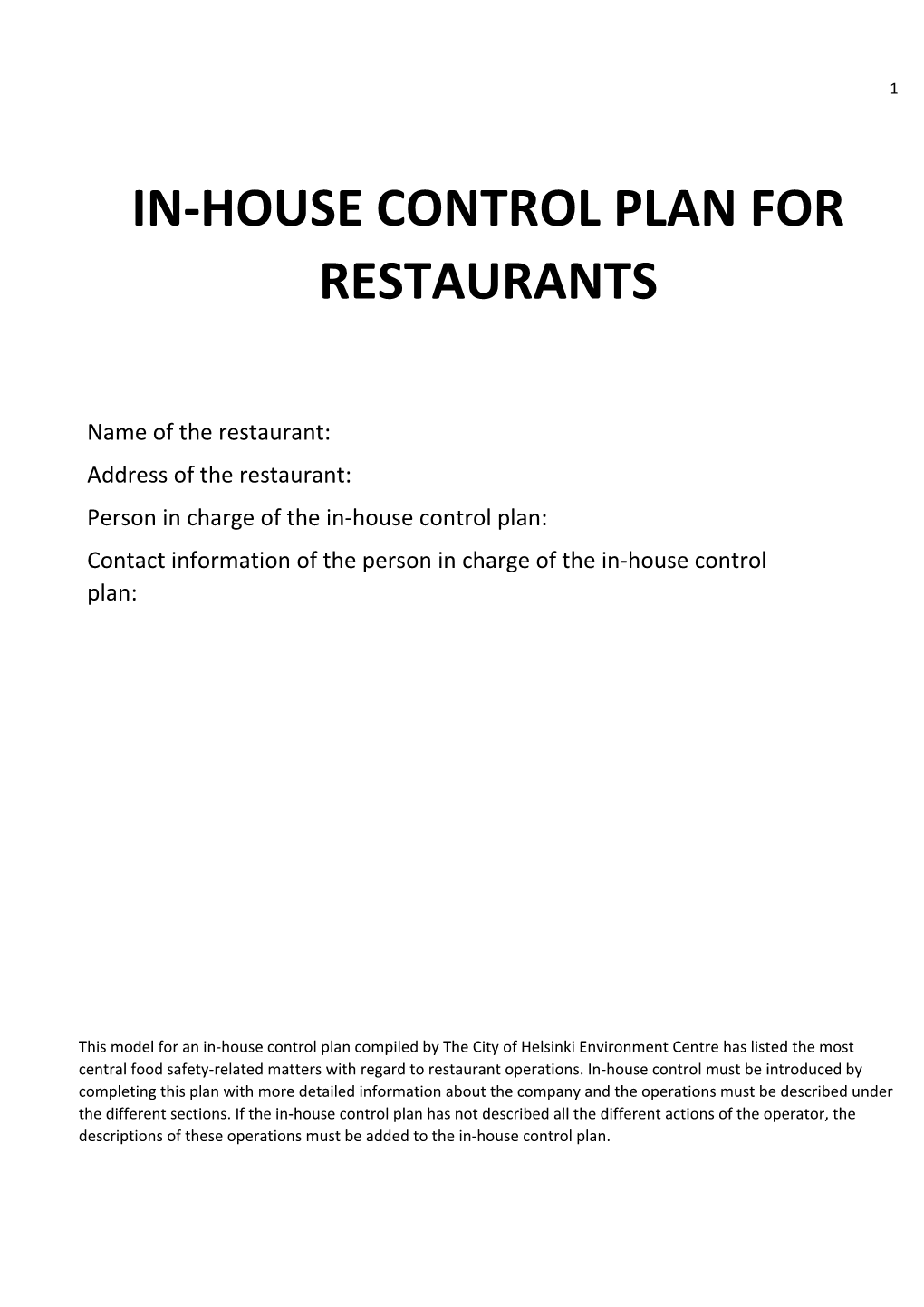 In-House Control Plan for Restaurants