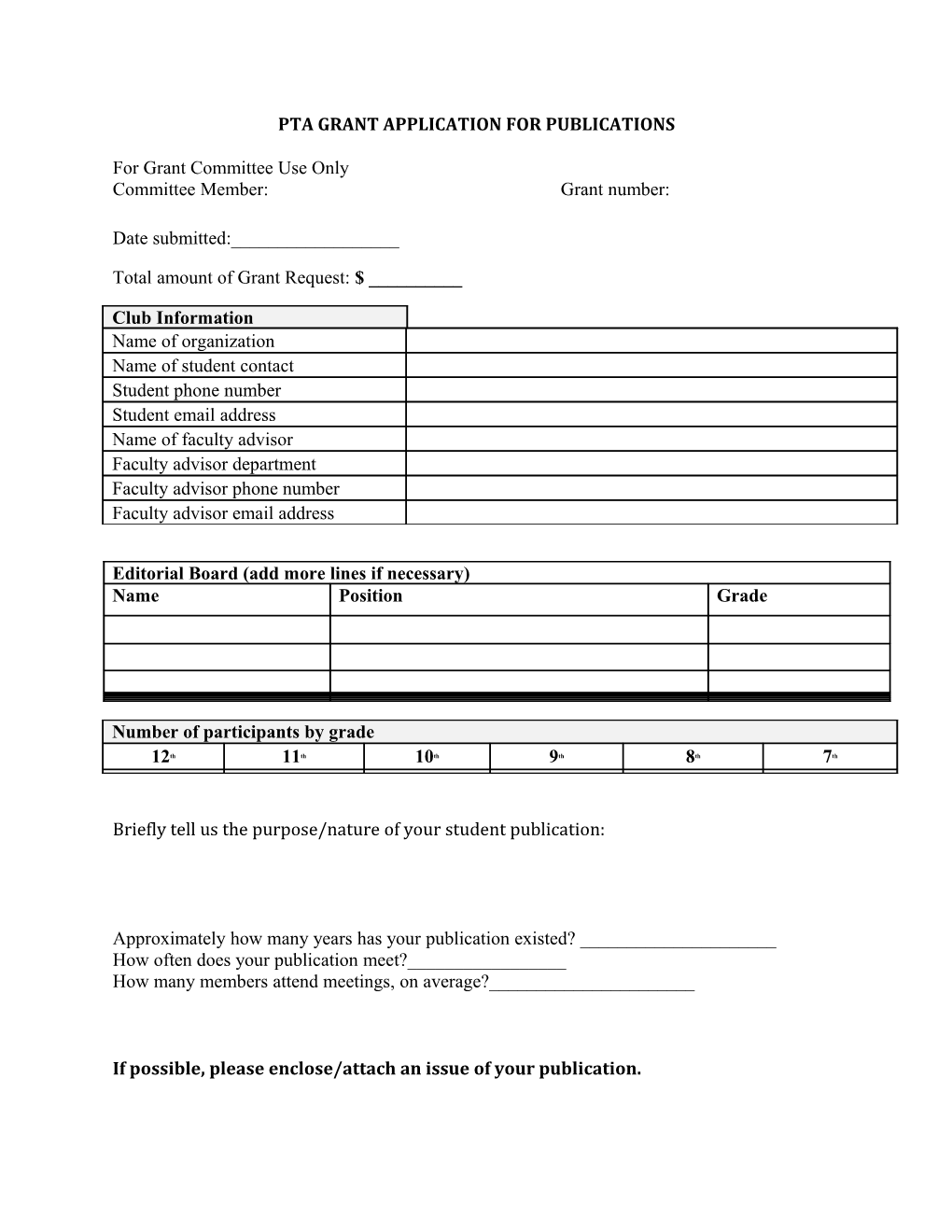 Pta Grant Application for Publications