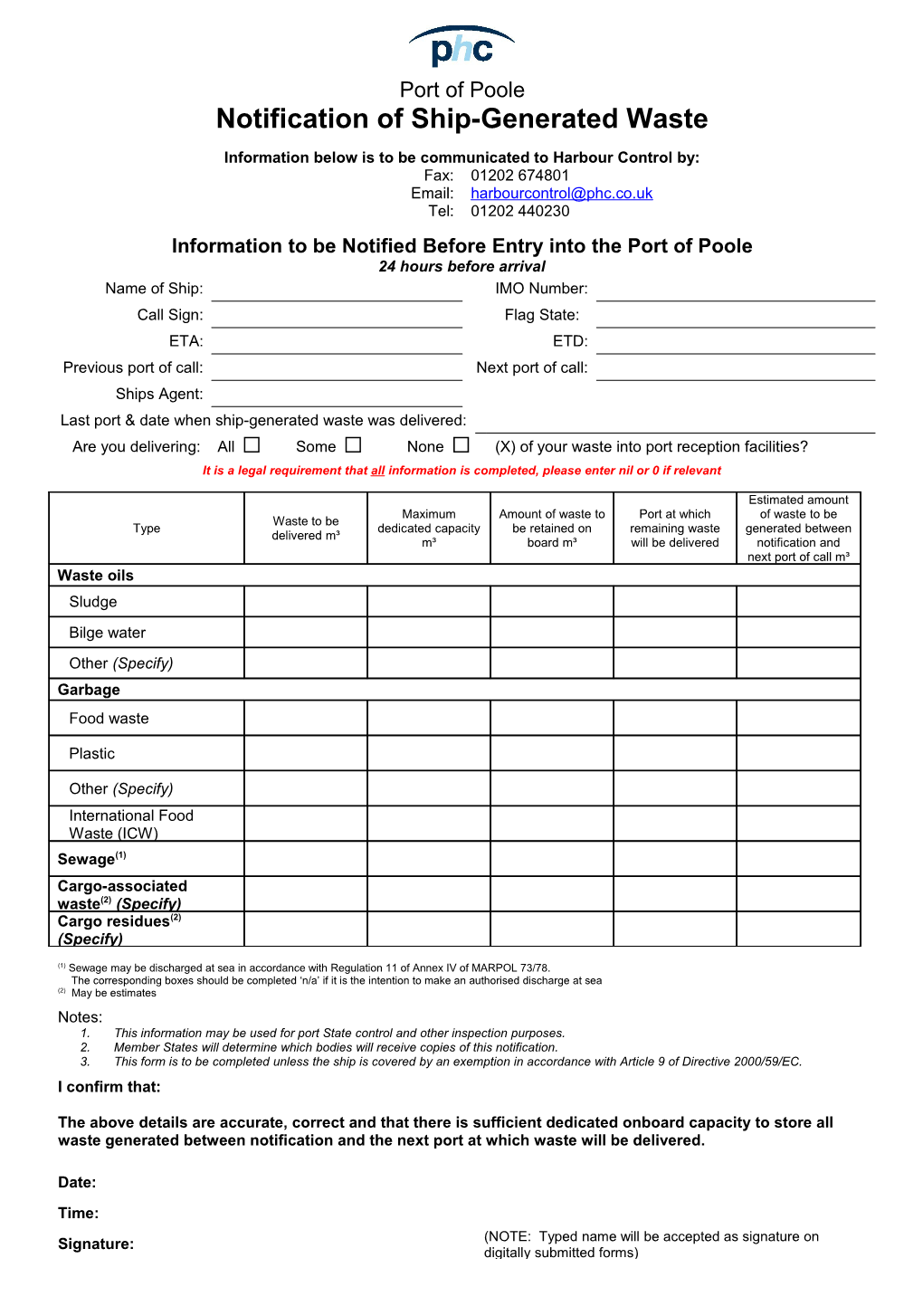 Information to Be Notified Before Entry Into the Port Of