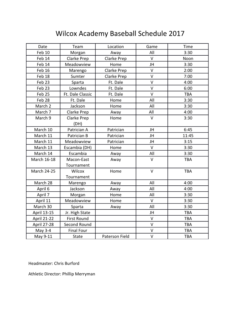 Wilcox Academy Baseball Schedule 2017