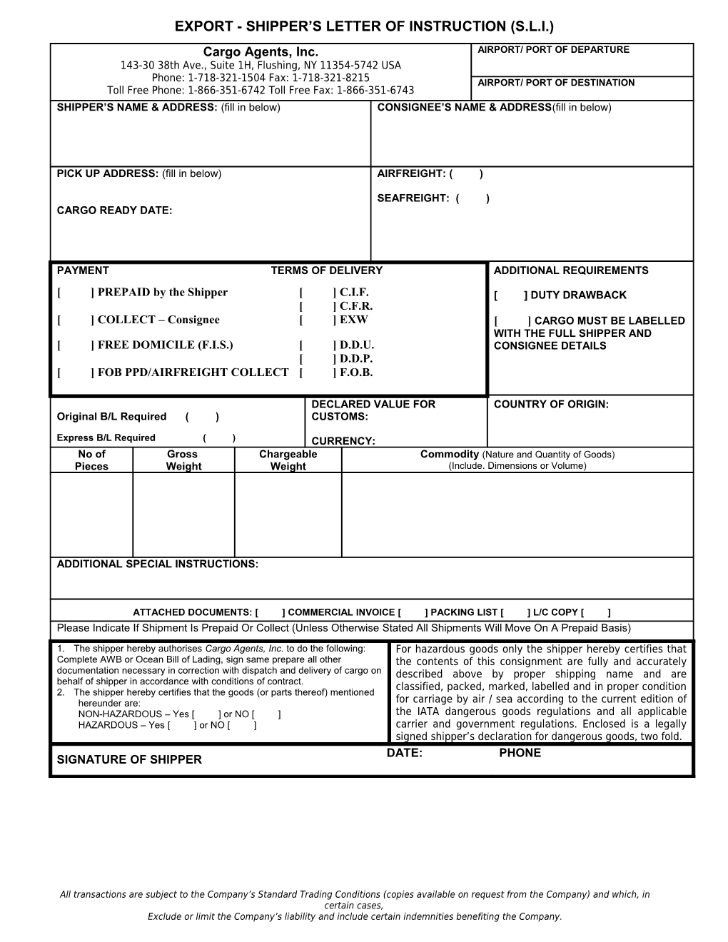 Shipper S Letter of Instruction for Despatch of Air Cargo (S.L.I.)