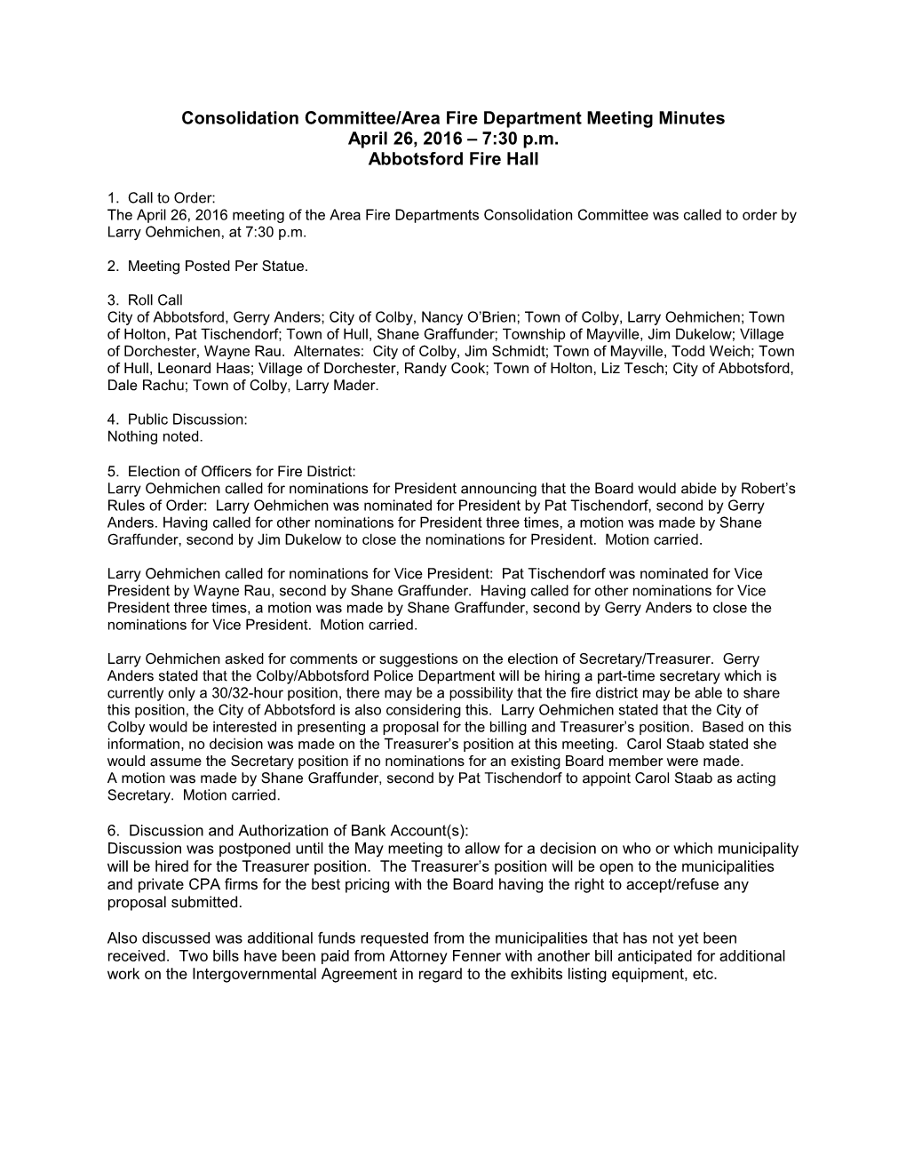 Consolidation Committee/Area Fire Department Meeting Minutes