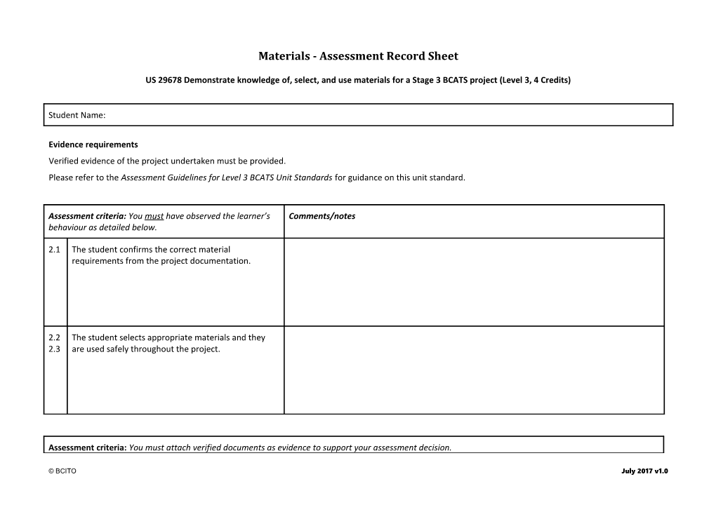 Materials - Assessment Record Sheet