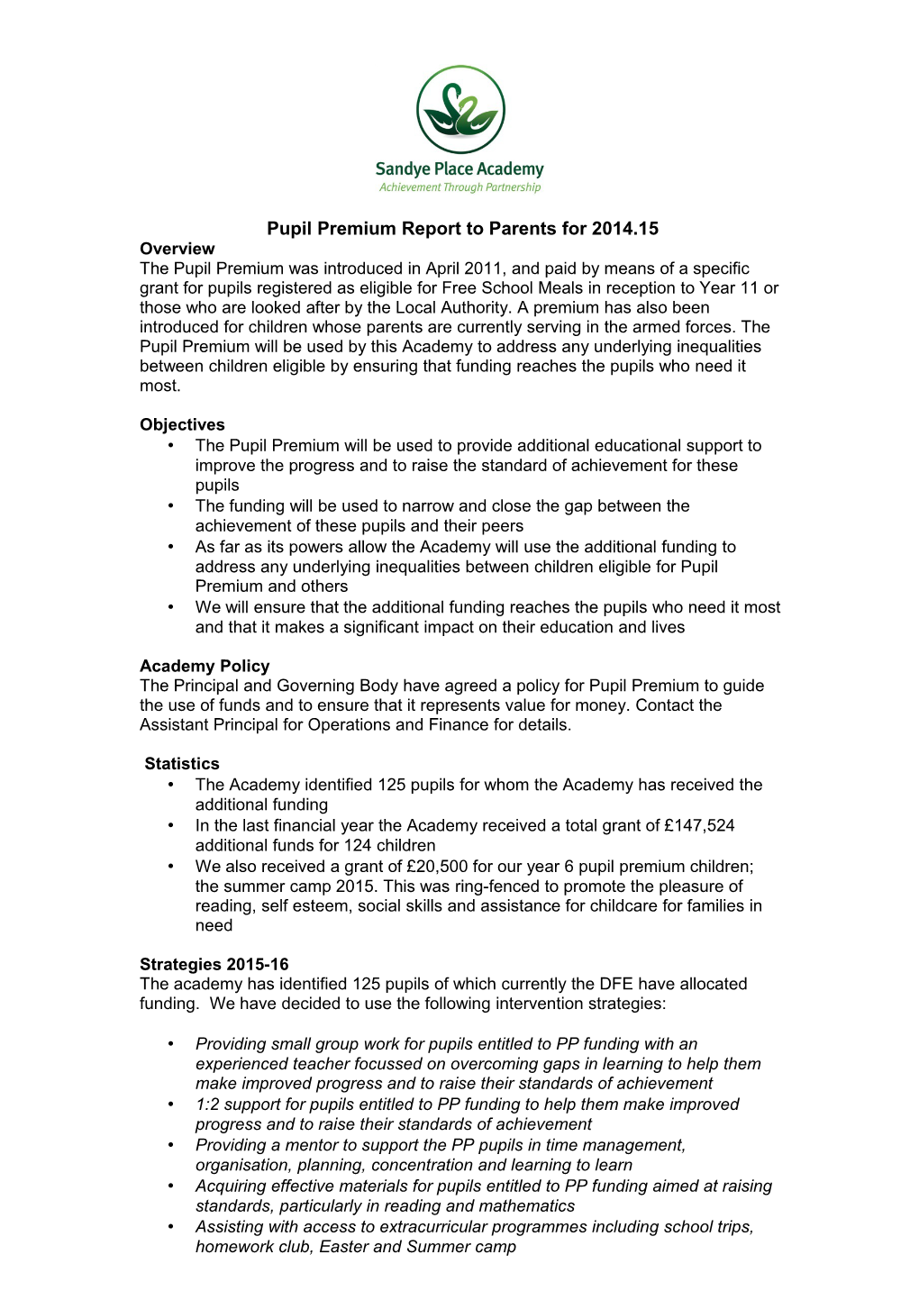 Example Pupil Premium Report to Parents September 2012