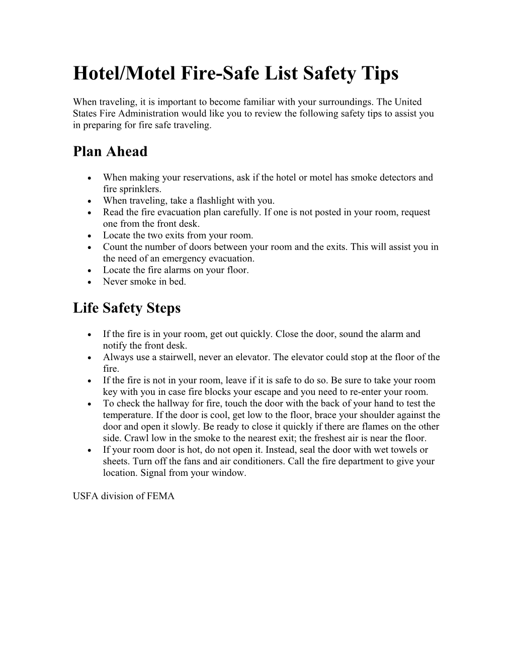 Hotel/Motel Fire-Safe List Safety Tips