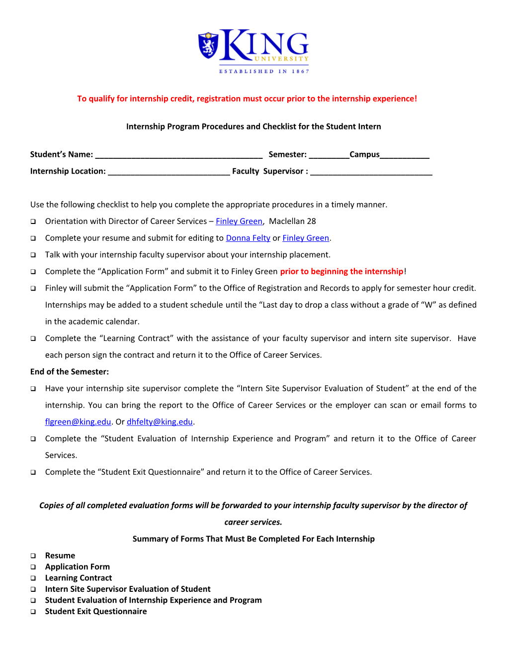 Internship Program Procedures and Checklist for the Student Intern