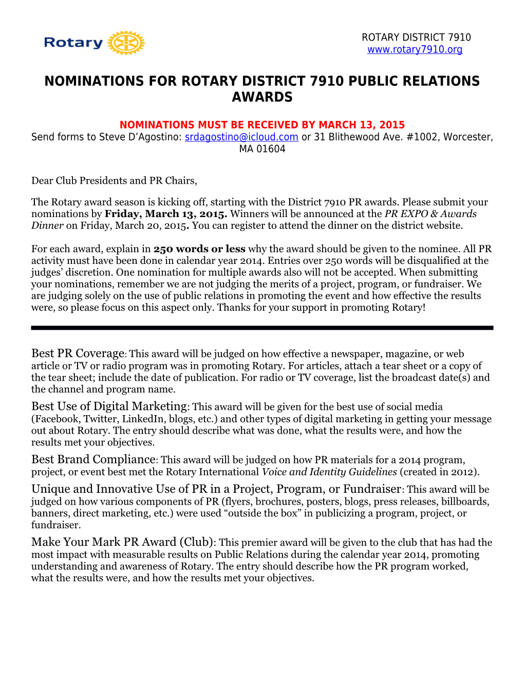Nominations for Public Relations Awards