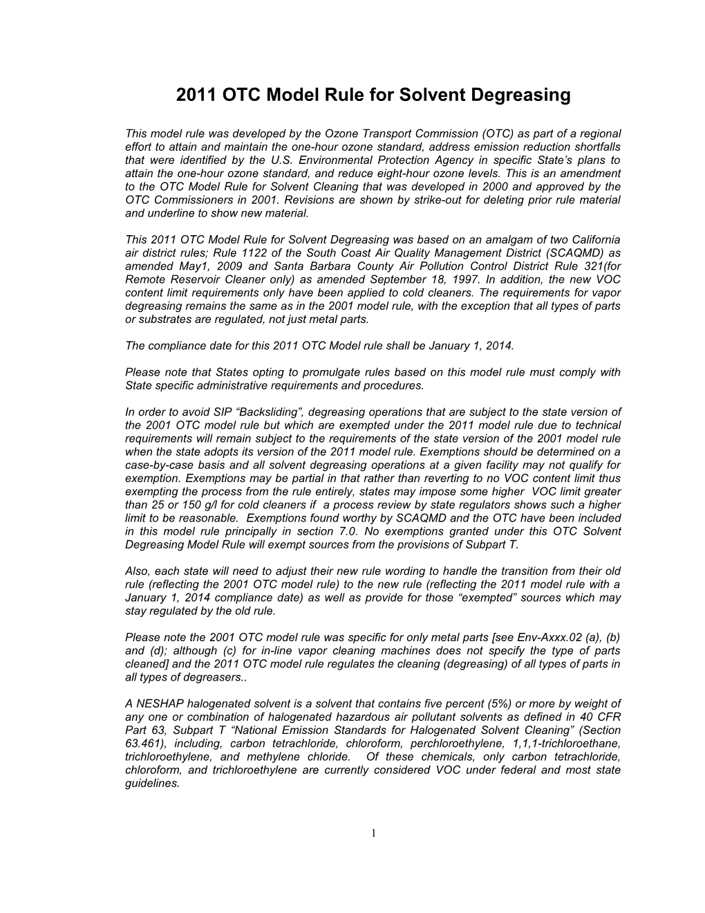 2011 OTC Model Rule for Solvent Degreasing