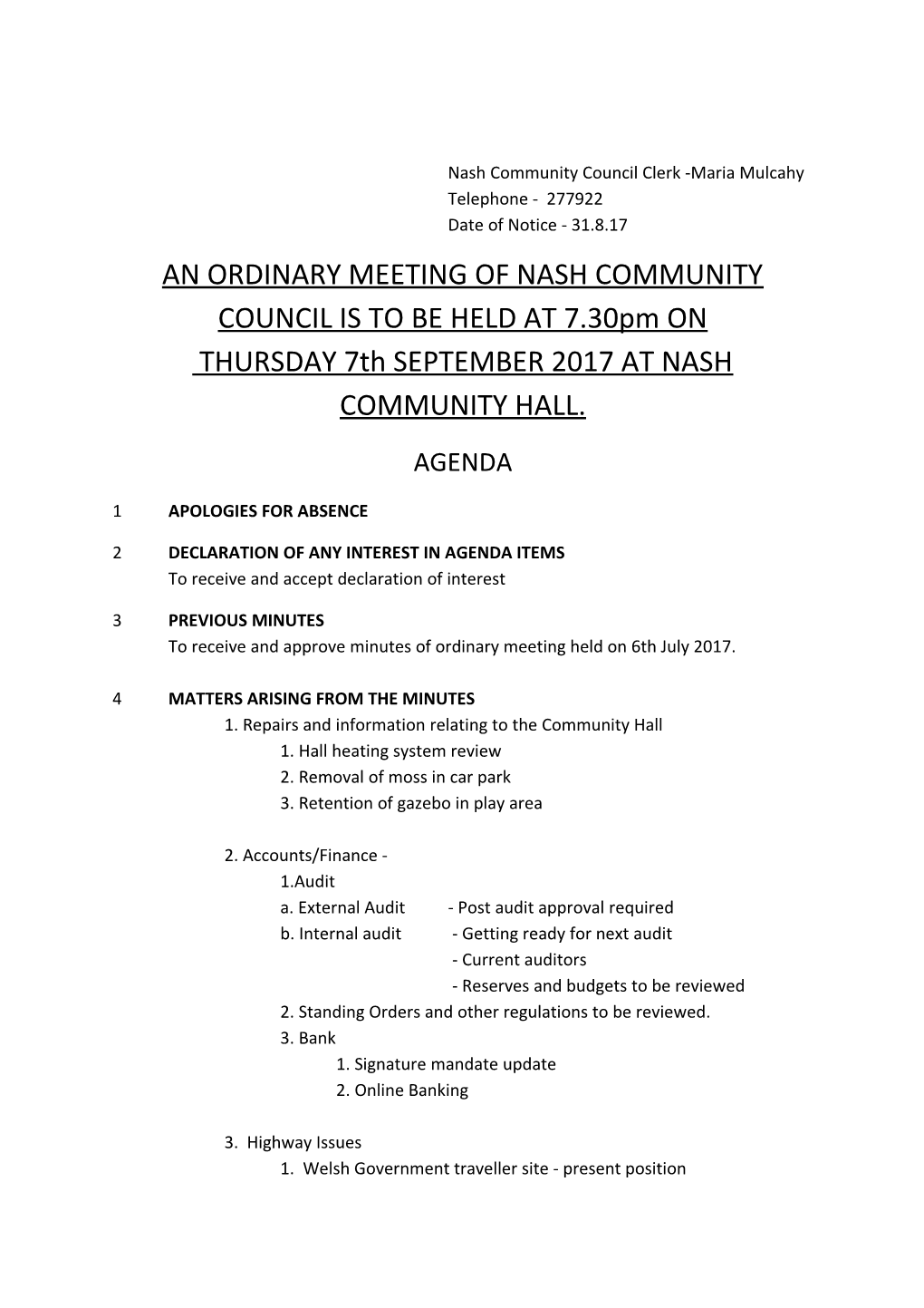 Nash Community Council Clerk -Maria Mulcahy