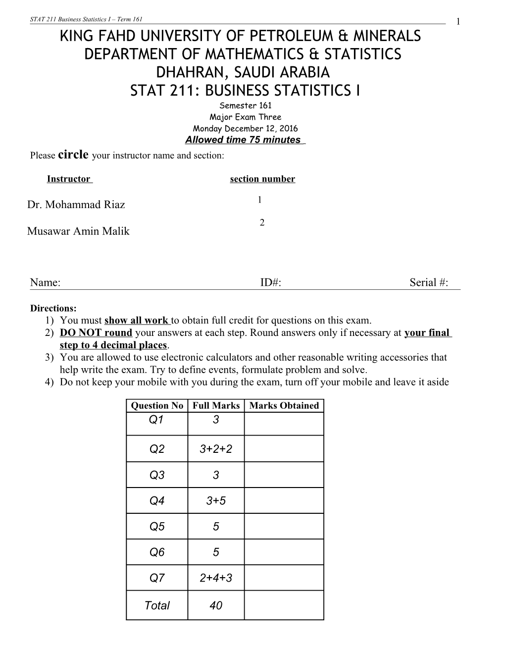 STAT 211 Business Statistics I Term 161