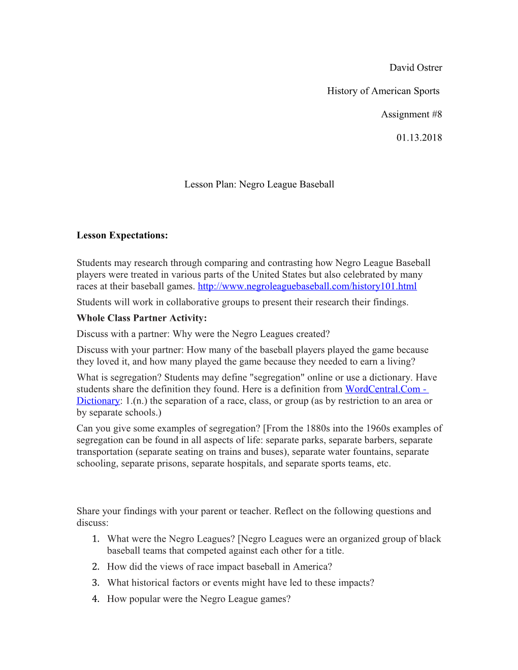 Lesson Plan: Negro League Baseball