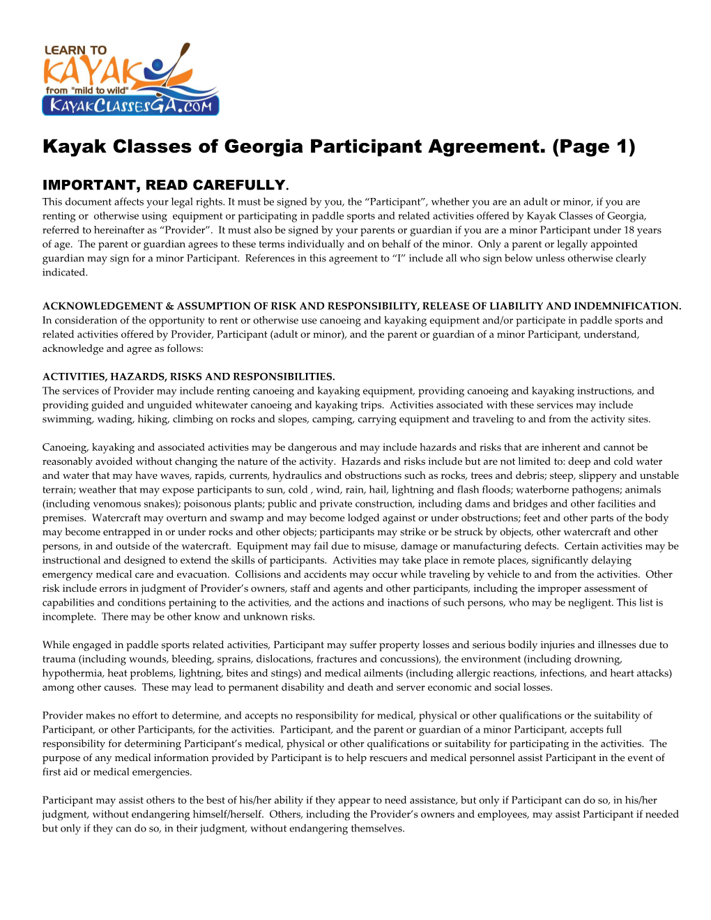 Kayak Classes of Georgia Participant Agreement. (Page 1)