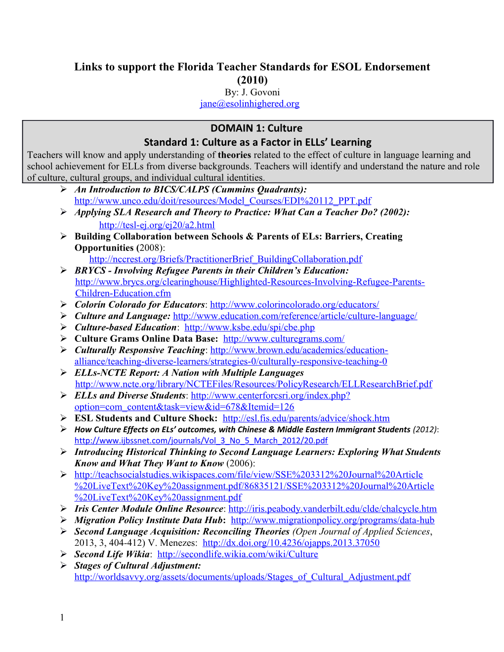 Links to Support the Florida Teacher Standards for ESOL Endorsement (2010)