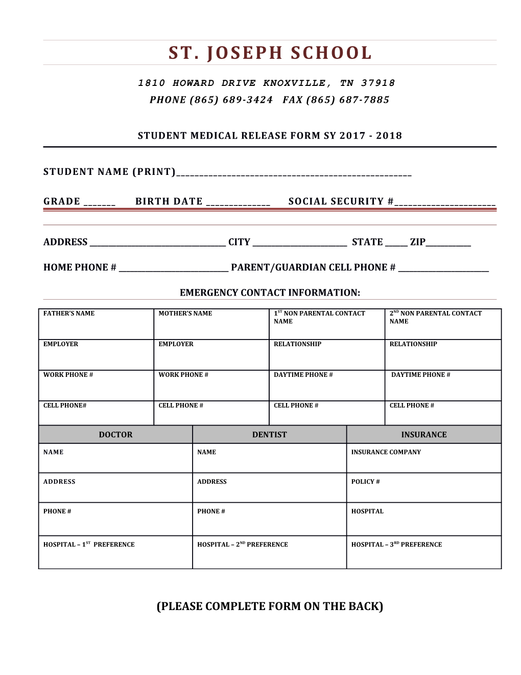 Student MEDICAL RELEASE FORM SY 2017 - 2018