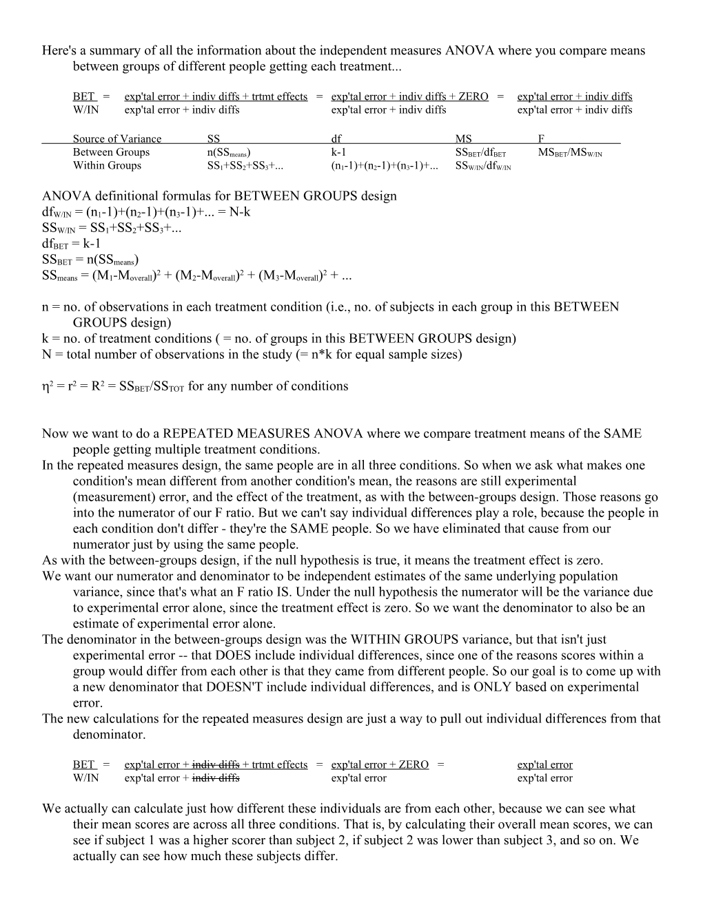 ANOVA Definitional Formulas for BETWEEN GROUPS Design