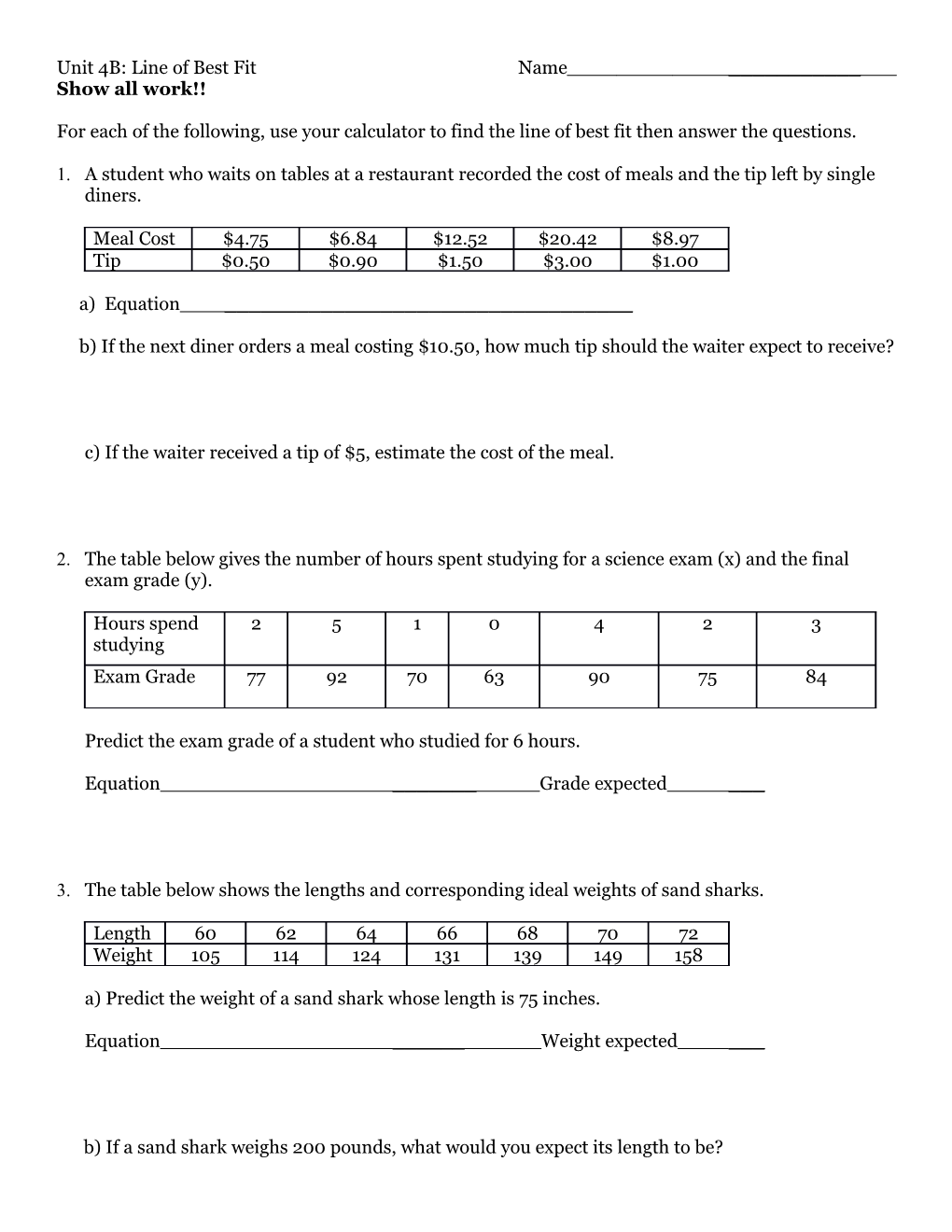 Line of Best Fit Worksheet