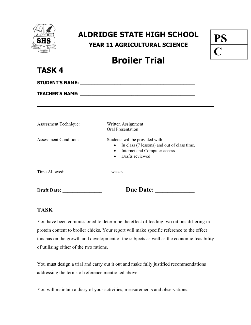 Year 11 Ag Boiler Trial Assignment Term 2